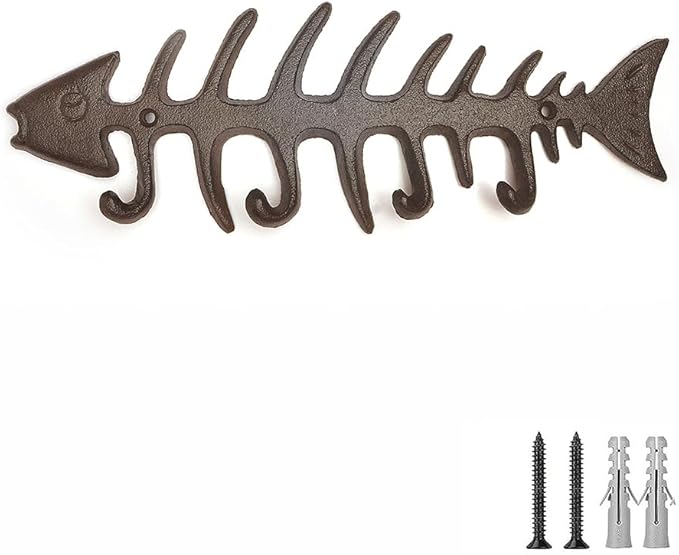 Cast Iron Decorative Fish Bone Wall Mounted Key Hooks Towel Rack Coat Hooks Holder Vintage Home & Wall Decor -with Screws - Brown