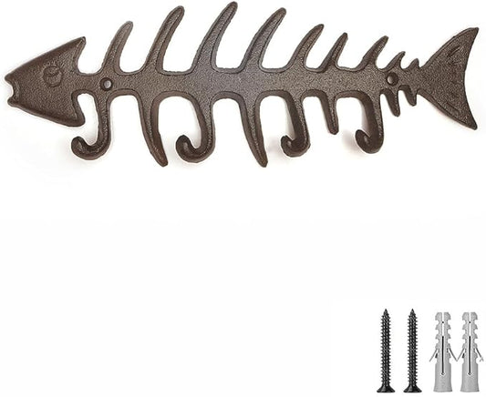 Cast Iron Decorative Fish Bone Wall Mounted Key Hooks Towel Rack Coat Hooks Holder Vintage Home & Wall Decor -with Screws - Brown