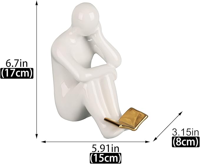 XINGYAN Elegant Ceramic Bookends - Black & White Reading Statues with Gold Accents - Sophisticated Decor for Shelves and Home(Gold Book)