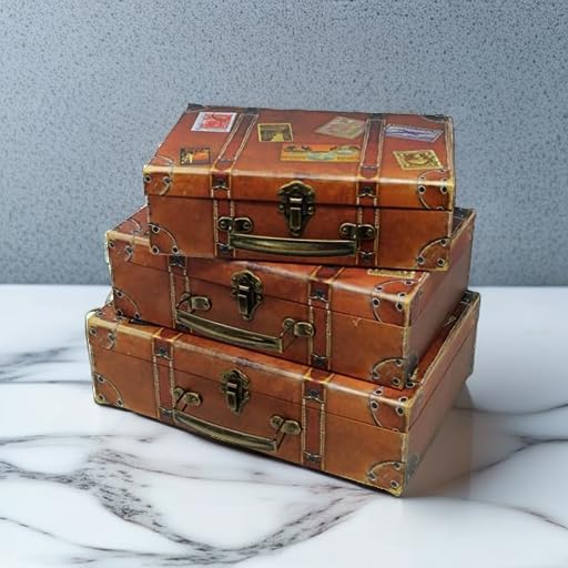 Blue Orchards Decorative Travel-Themed Paperboard Boxes (Set of 3) – Small Suitcase-Style Storage for Keepsakes, Mementos, Miniature Prop-Style Luggage | Largest Suitcase is 12'' L x 8'' W x 3.5'' H