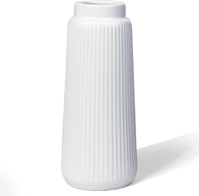 Matte White Ribbed Ceramic Vase – Modern Elegant Flower Vase for Pampas Grass, Fresh or Dried Flowers, Minimalist Farmhouse Home Decor for Living Room, Dining Table, Wedding Centerpiece