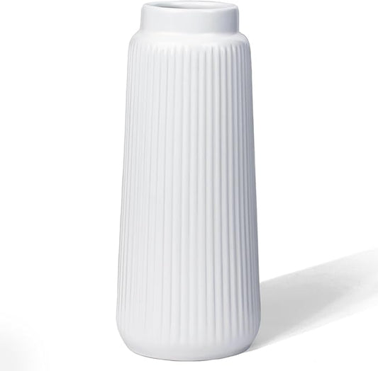 Matte White Ribbed Ceramic Vase – Modern Elegant Flower Vase for Pampas Grass, Fresh or Dried Flowers, Minimalist Farmhouse Home Decor for Living Room, Dining Table, Wedding Centerpiece