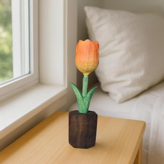 Handcrafted Wooden Tulip Figurine – Elegant Basswood Carved Sculpture, Unique Gift with Premium Gift Box, Ideal for Mother’s Day, Anniversary, Birthday, Home Office Décor (Orange)
