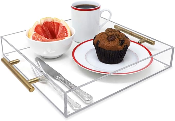 Isaac Jacobs Clear Acrylic Serving Tray (12x12) with Gold Metal Handles, Spill-Proof, Stackable Organizer, Food & Drinks Server, Indoors/Outdoors, Lucite Storage Décor (12x12, Clear with Gold Handle)