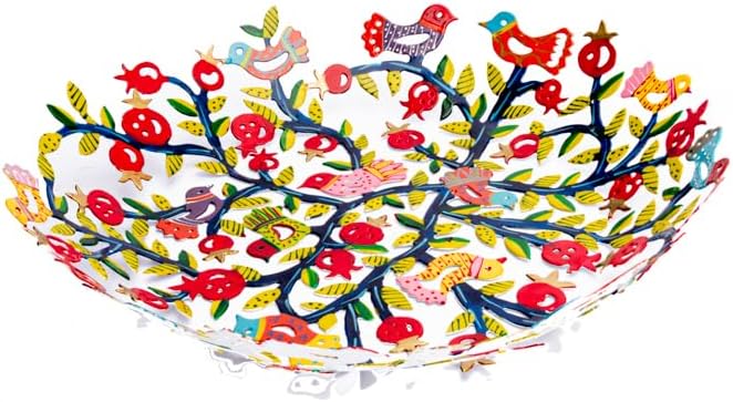 Emanuel Yair Decorative Metal Fruit Bowl | Vibrant Hand Painted Bowl | Hangable Centerpiece for Home Decor and Gifting | Judaica Art (14 inch, Pomegranate Tree)
