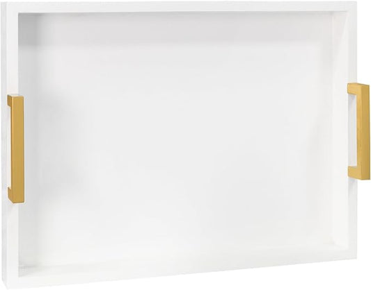 MAONAME Wood Serving Tray with Handles, White Decorative Tray for Coffee Table, Modern Rectangular Tray, Wooden Ottoman Tray, 15.8” x 11.8” x 2"