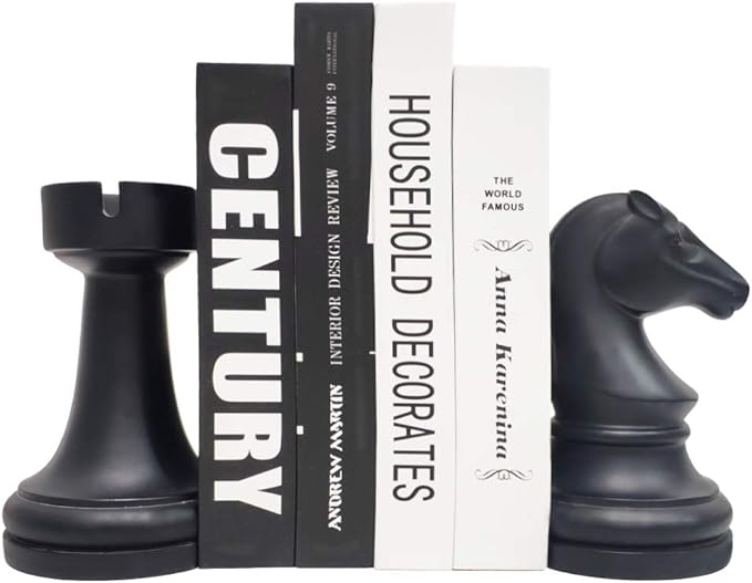 Chess Bookends Novelty Book Holders, Decorative Book Ends Modern Bookends Stoppers for Shelves, Black Heavy Duty Book Ends for Shelves Office Desk Decoration, Resin, 7" x 7"