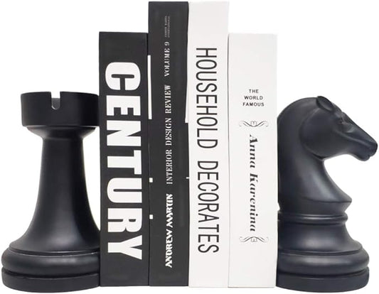Chess Bookends Novelty Book Holders, Decorative Book Ends Modern Bookends Stoppers for Shelves, Black Heavy Duty Book Ends for Shelves Office Desk Decoration, Resin, 7" x 7"