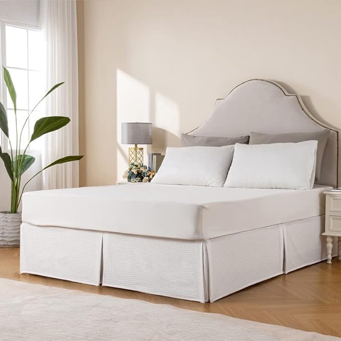 MIYE Pleated Waffle Weave Bed Skirt, Tailored Dust Ruffle 14 Inch Drop Easy Fit, Machine Washable,No Split Corners (White, Queen - 14" Drop)