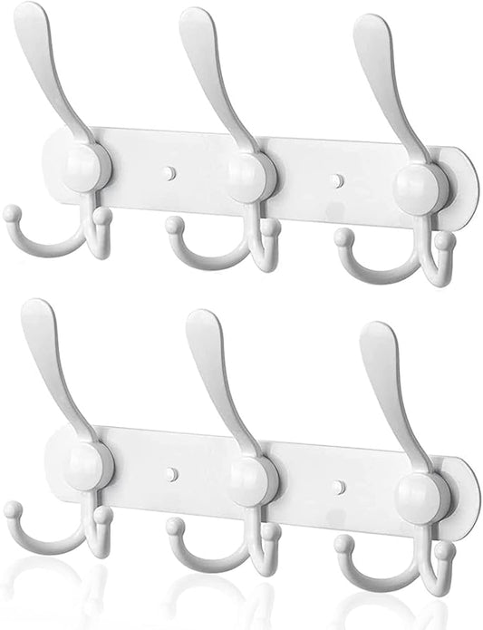 Coat Rack Wall Mounted,3 Tri Stainless Steel Coat Hook for Coat Hat Robes Towel in Mudroom Entryway (White, 2 Pack 3 Hook)