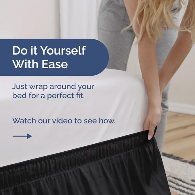 Wrap Around Dust Ruffle Bed Skirt - Black - Twin/Twin XL Size Beds with 15 Inch Drop - Easy Fit Elastic Strap - Adjustable Pleated Bedskirt w/Brushed Fabric - Wrinkle Free - Women, Men, Kids & Teens