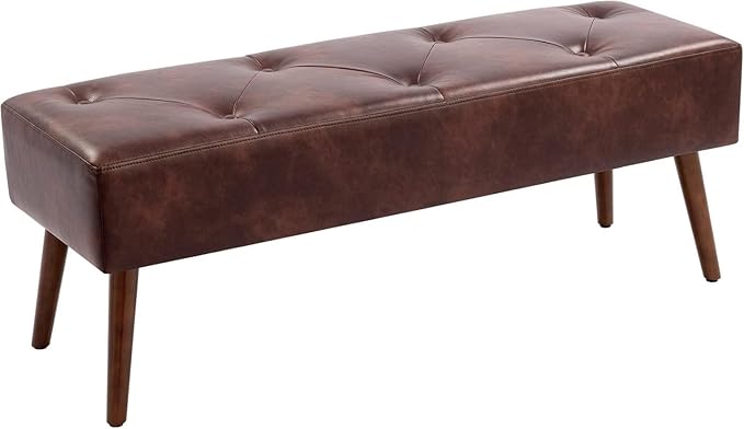 Furnimart Faux Leather Bench Ottoman, Tufted Button Bedroom Benches Footrest Stool in Solid Wood Legs, Long and Dining Bench, Indoor Bench for Entryway Living Room Bedroom (Leather-Darkbrown)