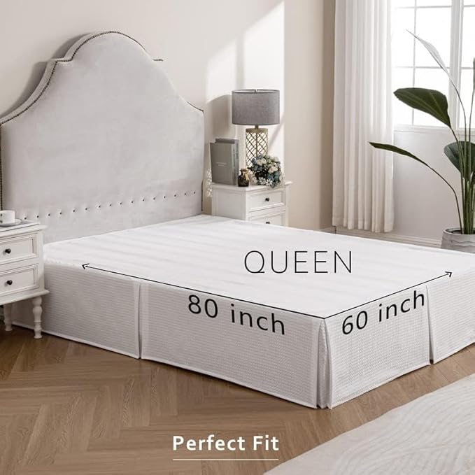 MIYE Pleated Waffle Weave Bed Skirt, Tailored Dust Ruffle 22 Inch Drop Easy Fit, Machine Washable (White, Queen - 22" Drop)