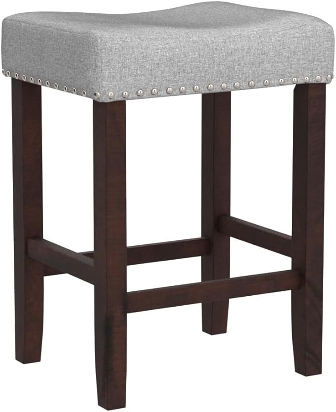 Giantex 25" Counter Height Bar Stools Set of 2 - Backless Saddle Barstools with Nailhead Linen Foam Seat, Max Load 330 Lbs Wood Bar Stools with Foot Rest for Kitchen Island, Grey