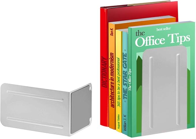 Acrimet Steel Metal Bookends for Shelves, Heavy Duty, for Large Books, 6 7/8" Tall X 4" Wide X 4 1/2" Deep, White Colored, 1 Pair