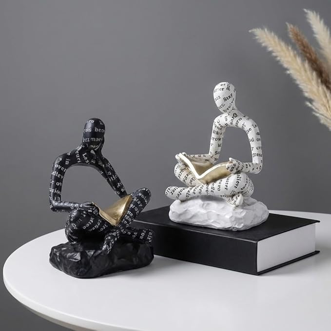 Heavy Duty Book Ends for Shelves, Thinker Decorative Bookends for Heavy Books, Book Stoppers to Hold Books, Weighted Black and White Bookends Set of 2, Non Slip Pads, Bookshelf Accessories