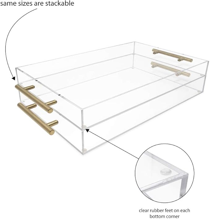 Isaac Jacobs Clear Acrylic Serving Tray (11x17) with Gold Metal Handles, Spill-Proof, Stackable Organizer, Food & Drinks Server, Indoors/Outdoors, Lucite Storage Décor (11x17, Clear with Gold Handle)