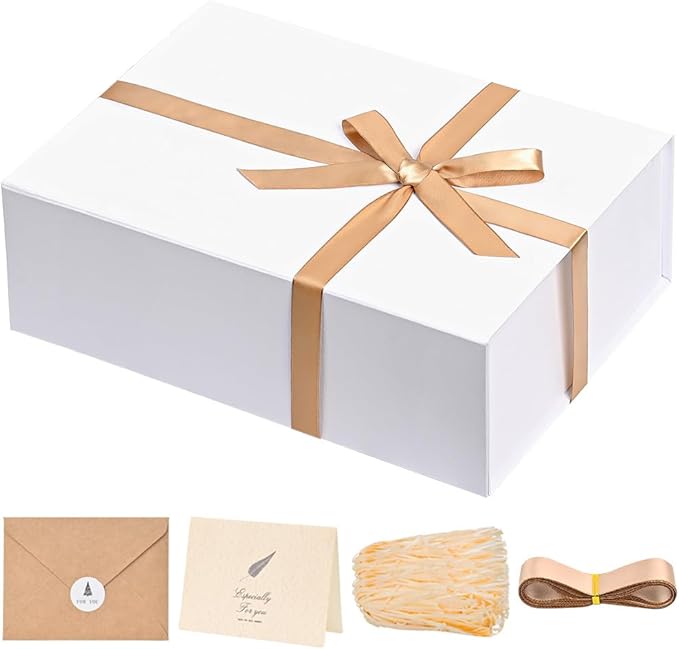 LIFELUM White Gift Box 13.85 x 8.35 x 4.45 inch Valentine's Day Gifts Box for Bridesmaid Proposal Gifts for Wedding with Card, Ribbon, Shredded Paper Filler Shirt Boxes for Presents (1 Pcs)