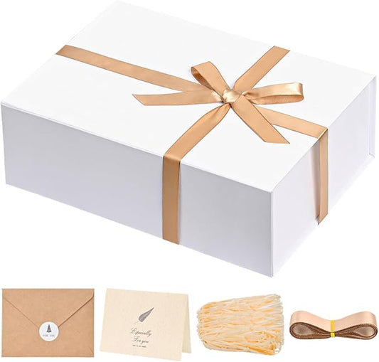 LIFELUM White Gift Box 13.85 x 8.35 x 4.45 inch Valentine's Day Gifts Box for Bridesmaid Proposal Gifts for Wedding with Card, Ribbon, Shredded Paper Filler Shirt Boxes for Presents (1 Pcs)