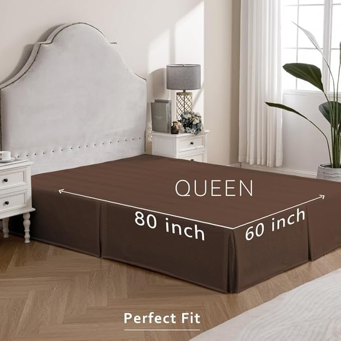 MIYE Pleated Waffle Weave Bed Skirt, Tailored Dust Ruffle 12 Inch Drop Easy Fit, Machine Washable (Brown, Queen - 12" Drop)