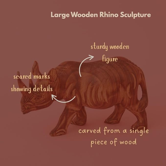 Large Wood Rhino Sculpture, Statues, Animal Figurines, Home Decor Accents, Living Room, Office, Desk, Coffee Table, Book Shelf, Hand Carved, African, Brown