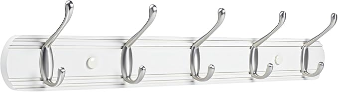 Coat Hooks Wall Mount, Wood Bamboo Wall Coat Rack with 5 Metal Hooks for Hanging Clothes, Towels, Keys, Bags(White&Brushed Nickel)