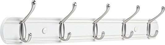 Coat Hooks Wall Mount, Wood Bamboo Wall Coat Rack with 5 Metal Hooks for Hanging Clothes, Towels, Keys, Bags(White&Brushed Nickel)
