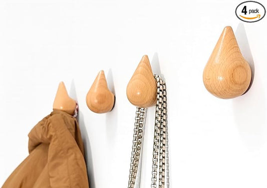 Magnifico Droplet Hook Coat Rack Wall Mount - Boho Coat Hooks, Hat Rack for Wall, Towel Hooks, Accordion Hanger, Purse Storage, Modern Home Decor, Decorative Hooks (Beech Wood, 4 Pack)
