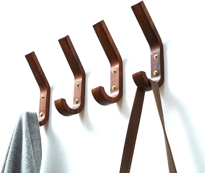 4 Pack Heavy Duty Rustic Coat Hooks Wall Mounted, Wood Wall Hooks,Decorative Hooks for Hanging Bathroom Towels Clothes Hanger for Wall (Walnut Wood)