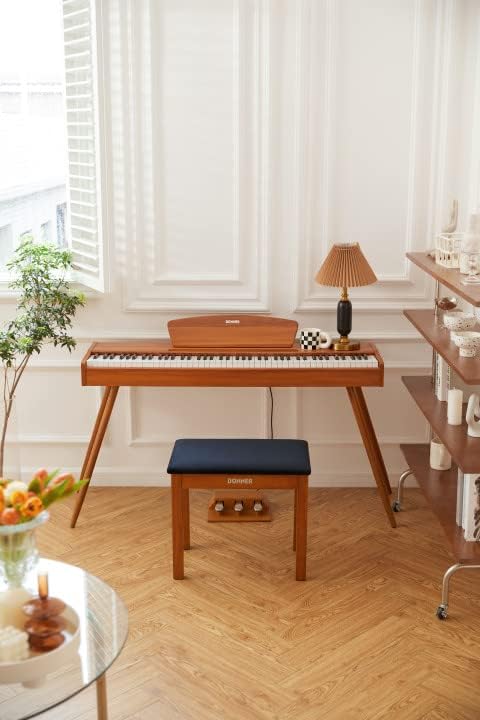 Donner Piano Bench with Storage, Solid Wood Keyboard Bench Piano Bookcase Stool Chair Seat with High-Density Suede Cushion, Wood Finish Color