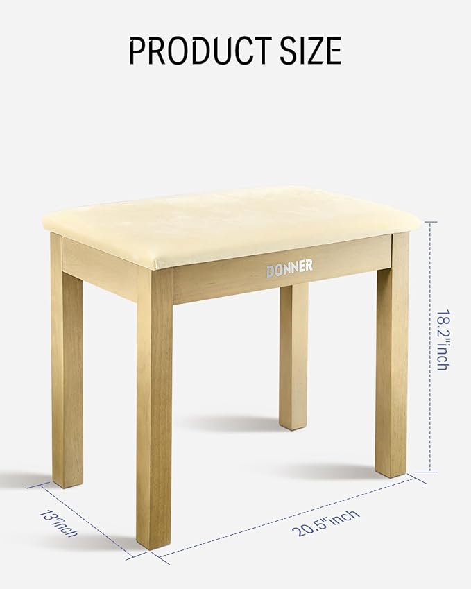 Donner Piano Bench with Storage, Solid Wood Keyboard Bench Piano Bookcase Stool Chair Seat with High-Density Suede Cushion, Light Wood Color