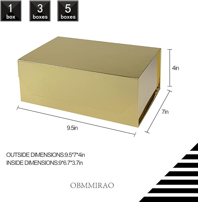 Upgrade 3PCS Gold Gift Box 9.5x7x4 Inches, Sturdy With Lid for Packaging, Foldable Magnetic Closure Storage, Bridesmaid Proposal, Rectangle Collapsible