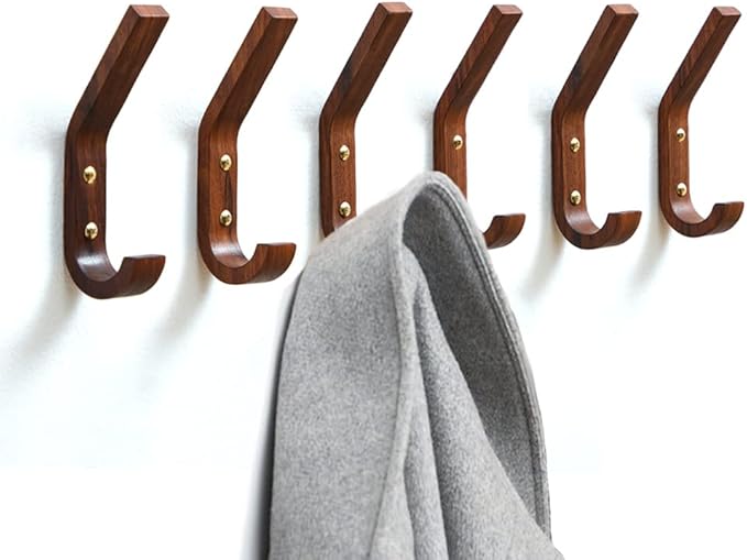 4 Pack Heavy Duty Rustic Coat Hooks Wall Mounted, Wood Wall Hooks,Decorative Hooks for Hanging Bathroom Towels Clothes Hanger for Wall (Walnut Wood)