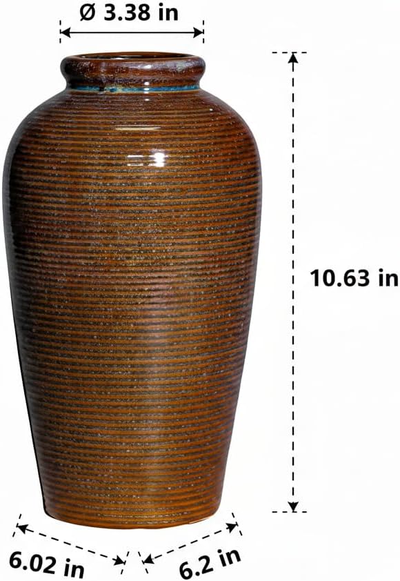 Rustic Farmhouse Ceramic Vase - 11 Inch Large Brown Pottery Vases Home Decor, Glazed Textured Decorative Vase for Pampas Grass, Console, Entryway Table Decor, Mantle, Kitchen Centerpieces