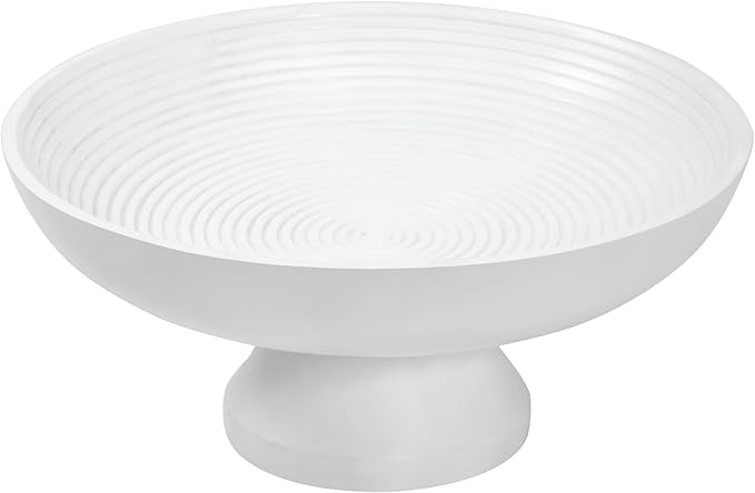 VHC Brands Ribbed White Wooden Fruit Bowl 5.5x12x12, Kitchen Decor, Decorative Wooden Pedestal Bowl, Perfect Centerpiece for Table, Island, or Counter