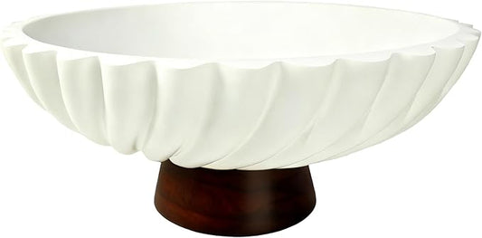 11-Inch White Concrete Decorative Fruit Bowl with Wooden Base – Modern Decorative Bowl and Key Bowl for Dining Table, Coffee Table, Kitchen & Home Décor