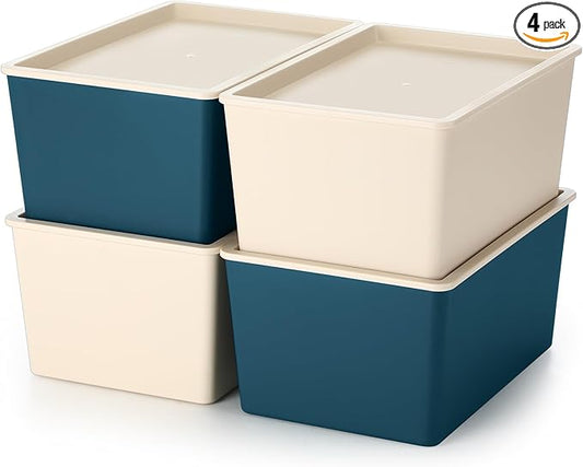 Menkxi 4 Pcs Storage Bins with Lids Plastic Stackable Containers for Organizing Shelves Christmas Ornament Box Baskets(Beige, Blue,Small)