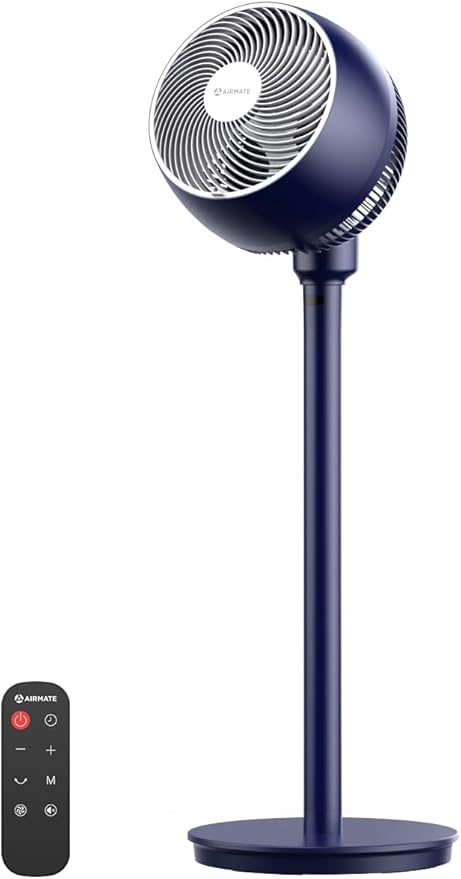 AIRMATE Standing Fan for Bedroom, 9" Blade Pedestal Fan with Remote, DC Motor, 12 Speeds, Quiet 25dB, 960CFM High Airflow, 85ft, Adjustable Height (12"-37"), 12H Timer, 80° Oscillating fan, DarkBlue