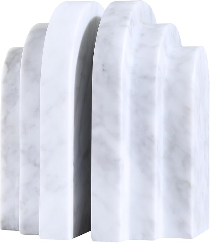 BUICCE Modern Book Ends for Shelves Nature Marble Decorative Bookends Heavy Duty Bookshelf Holder for Office Desk Decoration (White)