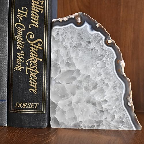 Nature's Decorations Natural Agate Bookends – A+ Grade Geode Heavy Duty Decorative Stone Crystal Book Ends for Shelves & Bookcases, Polished Bookshelf Decor, 1 Pair 3-4Lbs
