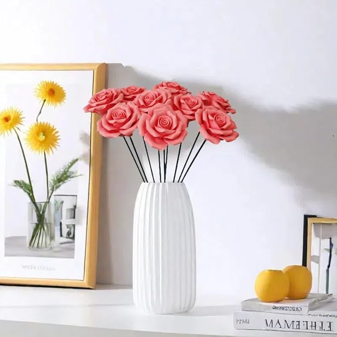 Handmade Porcelain 3D Ceramic Rose Flower, Eternal Flower Decoration for Home Office Decor, Creative Desktop vases, Porcelain Decorations, Set of 9 (red)
