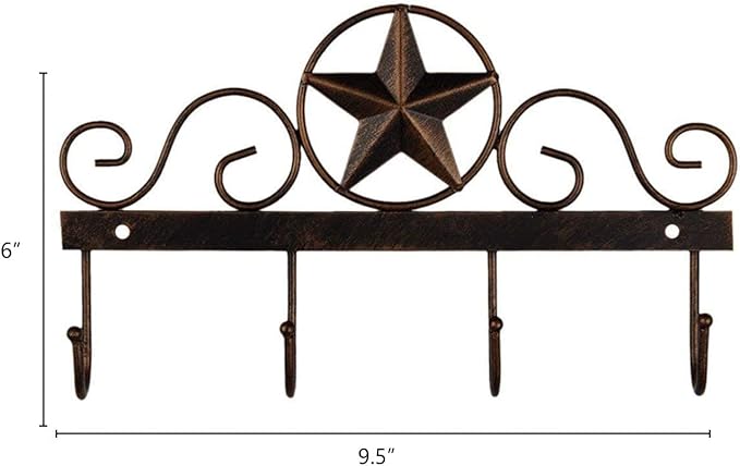 Metal Barn Star Key Rack Holder Wall Mounted Metal Decorative 10" Vintage Key with 4 Hooks Dark Brown Western Home Wall Decor