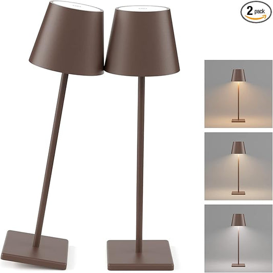 2 Pack LED Rechargeable Table Lamp Bronze, Portable 5500mAh Battery Powered Bedside Lamp, 3 Color Temperatures Stepless Dimmable Cordless Table Lamps for Outdoor Restaurant Bedroom Rust Red