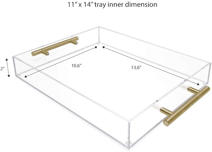 Isaac Jacobs Clear Acrylic Serving Tray (11x14) with Gold Metal Handles, Spill-Proof, Stackable Organizer, Food & Drinks Server, Indoors/Outdoors, Lucite Storage Décor (11x14, Clear with Gold Handle)