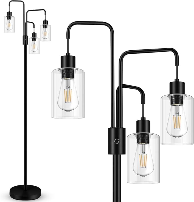 BoostArea Industrial Floor Lamp for Living Room,Glass Lampshade,Modern Stand Up Lamp with 3 Light,Simple Design Floor Lamp for Bedroom, Living Room, Office, Kids Room, Reading