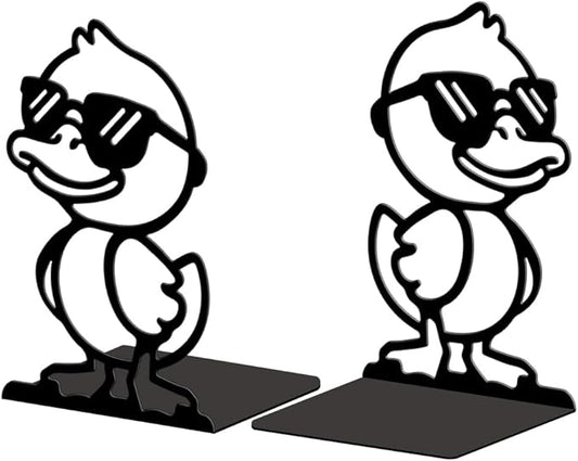 Peacoblue Metal Bookends for Shelves, Modern Decorative Heavy Duty Study Book Ends Stoppers for Office, Desk, Shelf, Room 5.3"x4.3"x7.9" Cast Iron Tall Bookends 1 Pair (Cute Duck with Sunglasses)