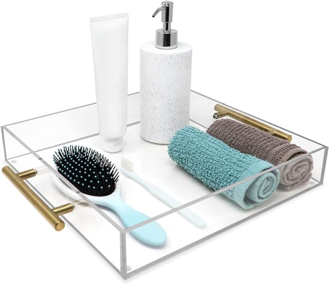 Isaac Jacobs Clear Acrylic Serving Tray (12x12) with Gold Metal Handles, Spill-Proof, Stackable Organizer, Food & Drinks Server, Indoors/Outdoors, Lucite Storage Décor (12x12, Clear with Gold Handle)