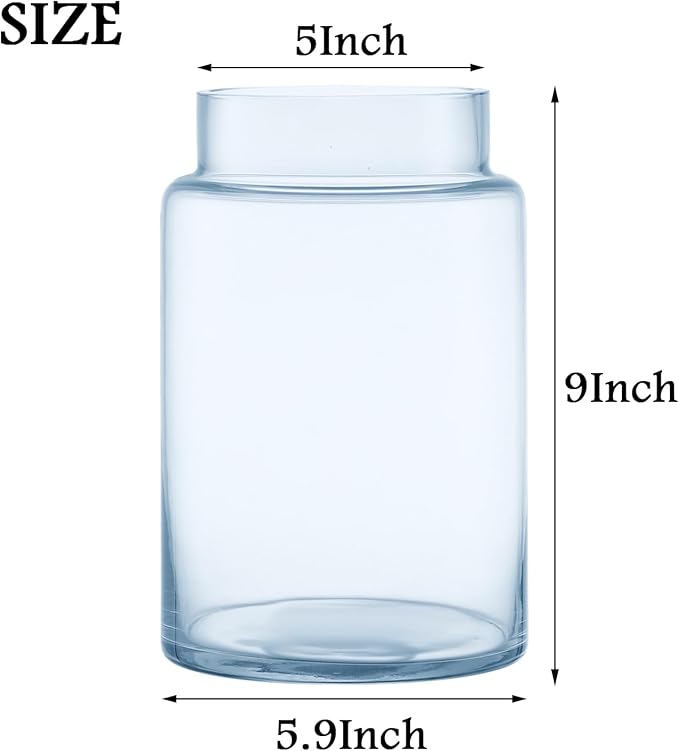 Large Glass Vase, 9 Inch Blue Glass Vase, Large Flower Vases for Bouquet, Tall Wide Mouth Vases for Flowers, Home, Wedding, Living Room, Office Decor
