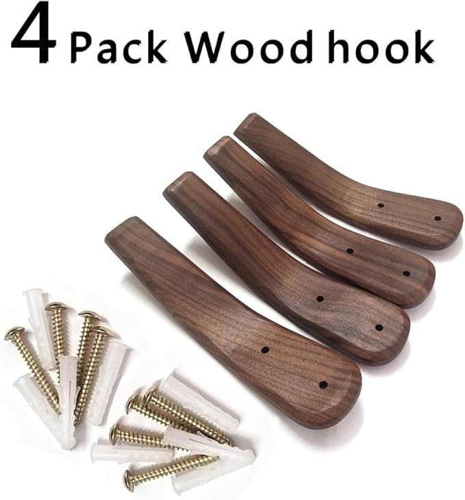 Wood Wall Hooks, 4 Pack Heavy Duty Rustic Coat Hooks Wall Mounted, Decorative Hooks for Hanging Bathroom Towels Clothes Hanger for Wall(Walnut Wood