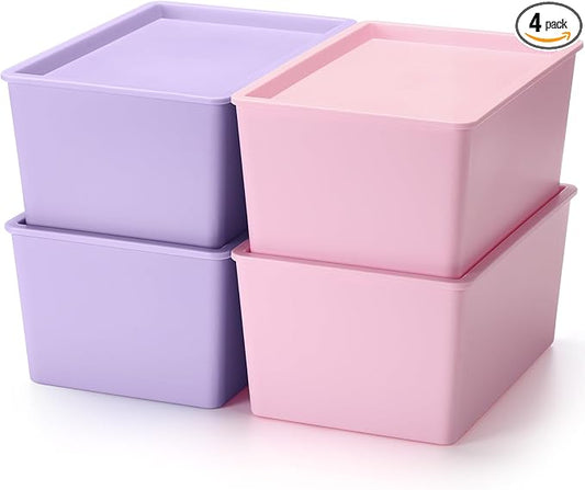 Menkxi 4 Pcs Storage Bins with Lids Plastic Stackable Containers for Organizing Shelves Christmas Ornament Box Baskets(Pink, Purple,Large)